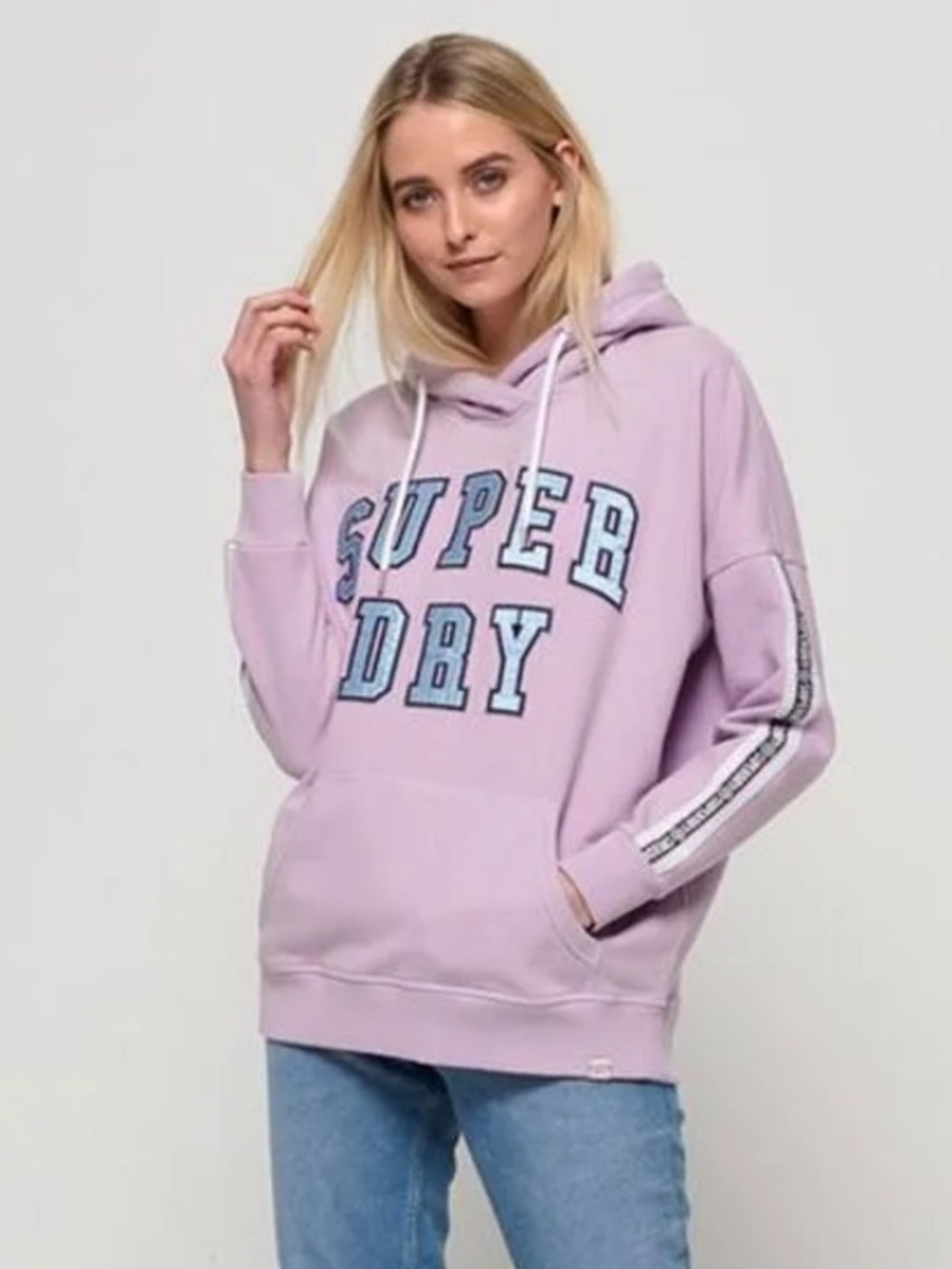 Superdry Spell-out Lavender Pullover Hoodie with Pale Blue Logo Womens Size 12